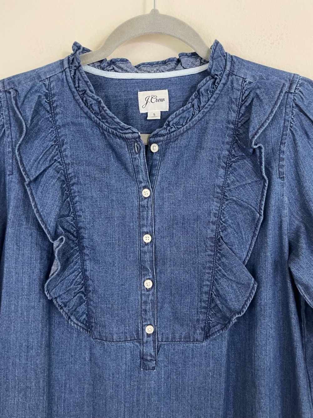 J. Crew Denim Ruffle Bib Popover Long Sleeves Top Preppy Size Small - Picture 6 of 9